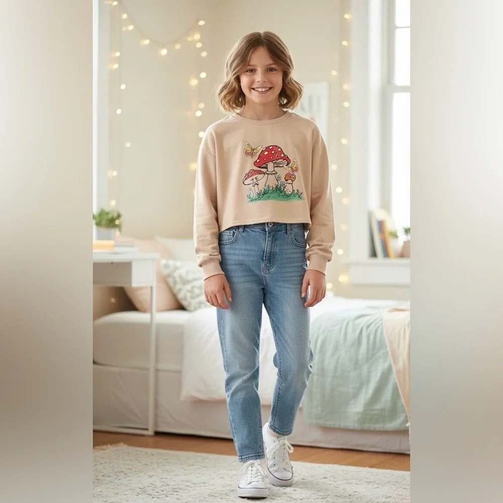 Shein Teen Mushroom & Butterfly Graphic Crop Sweatshirt Size 12-13Y Peach Beige